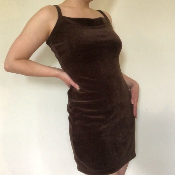 Vintage 90s Sparkly Brown Velour Mini Dress - Picture 4 of 8
